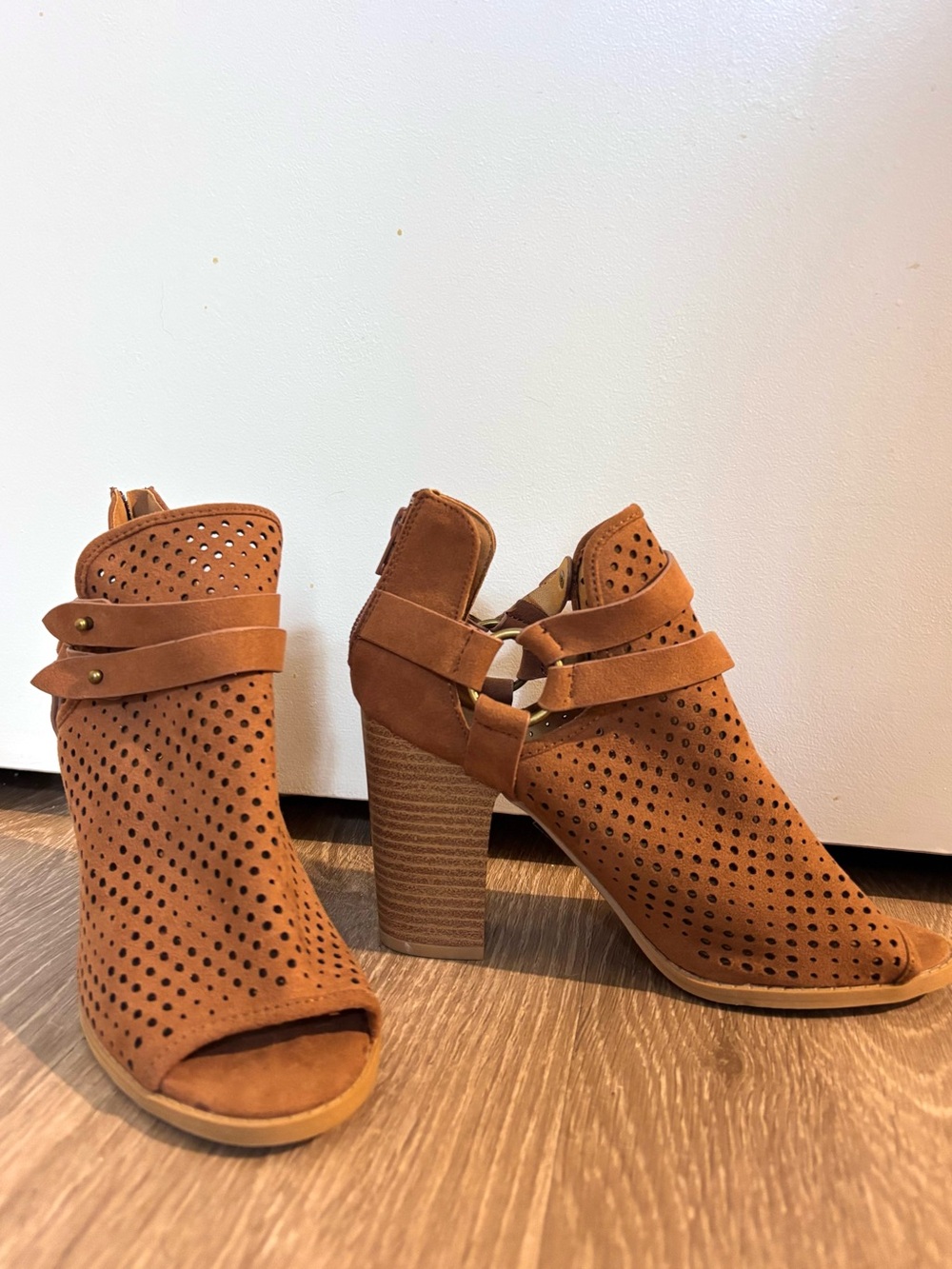 Tan Faux Suede Peep-Toe Block Heel Booties